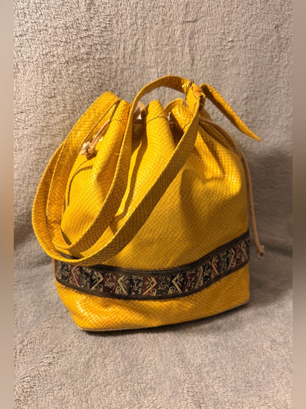 80s Yellow Snakeskin Textured Leather Drawstring Bag w/ Textile Tapestry Border